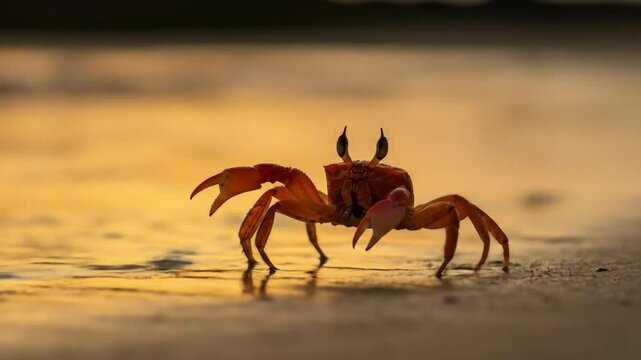 Orange crab on golden shore at sunrise