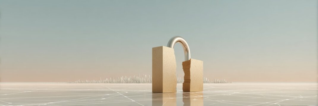 Modern Professional Cybersecurity Breach Concept with Broken Padlock in Digital Cityscape for Premium Tech Marketing and Data Protection Campaigns
