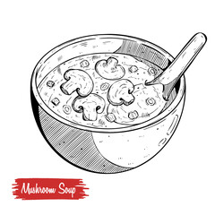 Delicious Mushroom Soup With Hand Drawing or Sketch Style