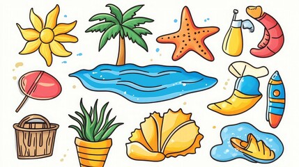 Naklejka premium Summer Clipart Showcasing Beach Sun and Fun Representing Fun-filled Outdoor Activities Sunny Days and Beach Vacations for Summer Advertising Event Promotion and Travel Marketing