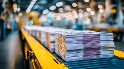 Fototapeta premium Stacks of Printed Magazines on Conveyor Belt in Printing Factory