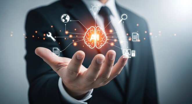 Businessman presenting ai technology with brain icon and digital interface elements on his hand