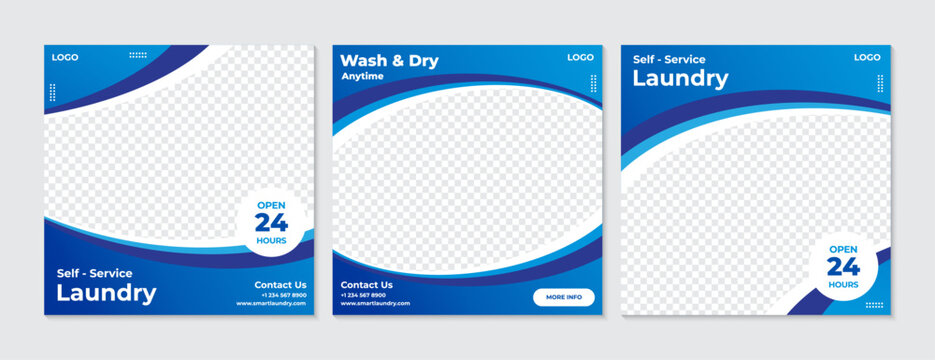 Social media post template for self-service laundry business. 24-hour coin laundry promotion layout with modern blue design - Powered by Adobe