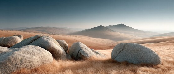 Premium rugged moorland landscape at sunrise with boulders, authentic outdoor exploration content for adventurous millennials in travel marketing campaigns