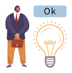 Professional man in suit holding briefcase near a glowing light bulb and Ok text. Ideal for ideas, business solutions, innovation, approval, professionalism, brainstorming, decision-making. Simple