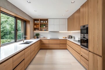 Stylish Minimalist Kitchen with Oak Wood Details and Clean Countertop in Natural Lighting
