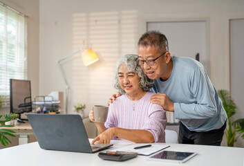 Lovely senior couple relax in living room enjoying retirement and free time browsing on laptop....