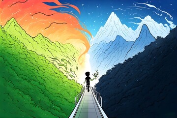 Youthful figure walks a bridge between fiery and icy mountainscapes.