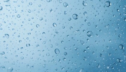 Numerous water droplets cover a pale blue surface varying in size and distribution