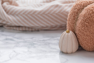 Warm and neutral autumn still life featuring a textured plush pumpkin, mini pumpkin and soft...