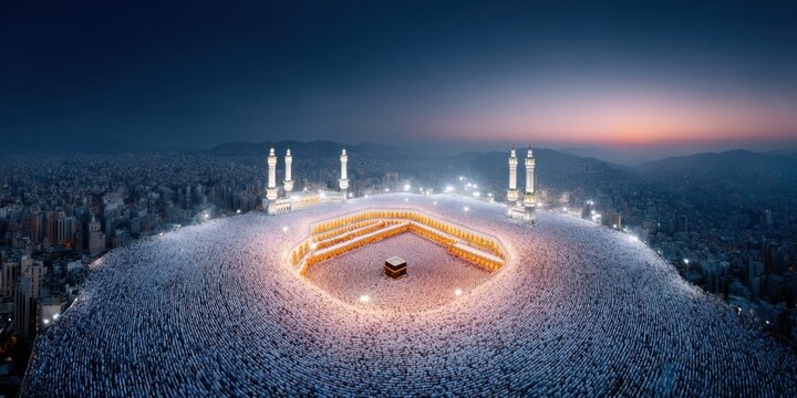 Premium Aerial Night View of Kaaba at Masjid al-Haram Authentic Spiritual Pilgrimage Experience for Millennial Marketing and Social Media Campaigns - Powered by Adobe