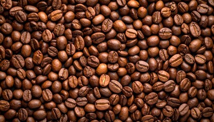 Fototapeta premium Roasted coffee beans background, rich brown tones and textured surface, close-up view