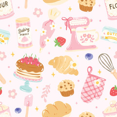 Cute Baking Seamless Pattern with Mixer, Cakes and Pastries – Kawaii Kitchen Background