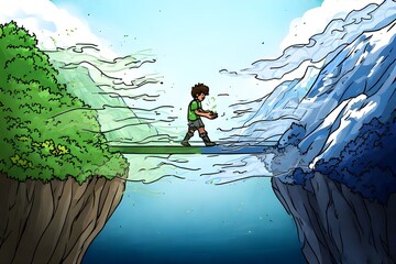 Boy walks narrow bridge between lush green landscape and icy mountains, carrying small plant.