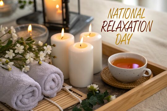 National relaxation day spa candles and tea setting - Powered by Adobe