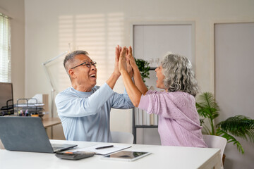 Happy elderly couple high-fiving each other to celebrate a success or win. Modern pensioners...