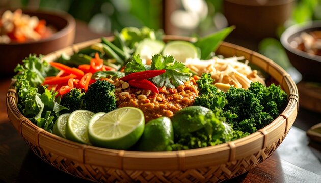 4K close-up shot of karedok &mdash; raw vegetables mixed with spicy peanut sauce, beautifully plated in a woven bamboo tray with garnishes of lime and red chili