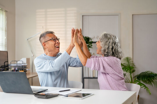 Happy elderly couple high-fiving each other to celebrate a success or win. Modern pensioners surfing internet with laptop pc, online shopping, gaming concept