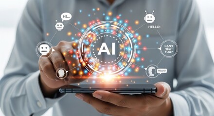 Person using a smartphone with ai interface and robot icons floating around the phone screen display