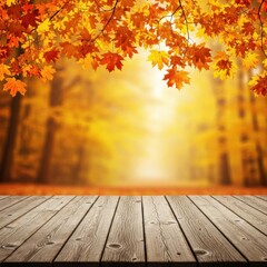 Autumnal Wooden Table Fall Leaves Golden Forest Background