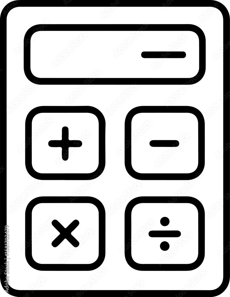Poster simple black and white line art icon of a basic calculator with arithmetic symbols