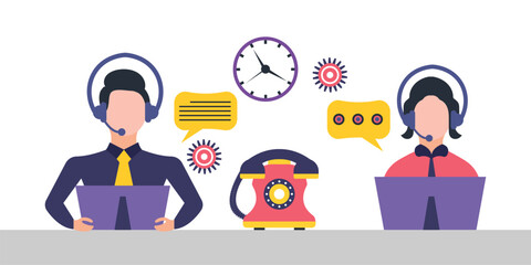 Customer service agents with headphones microphone and computer customer service support or call center concept