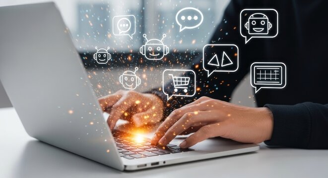 Person typing on a laptop with chat bot icons and sparkles overlayed on top of the image view online - Powered by Adobe