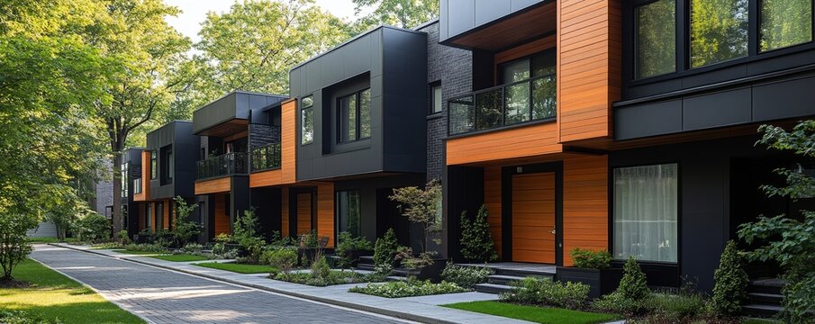 Modern modular private black townhouses, designed with contemporary lines and minimalist architecture, Generative AI