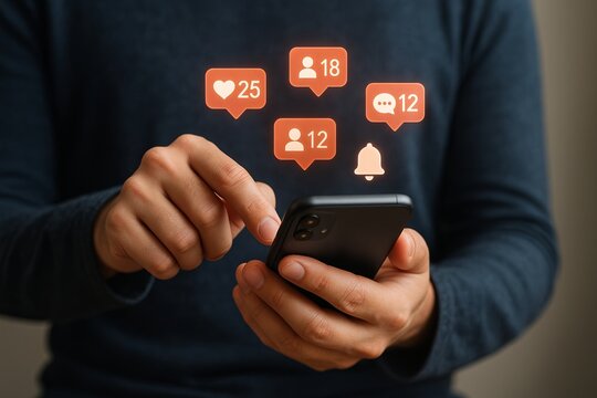 Person Using Smartphone with Social Media Notifications Icons