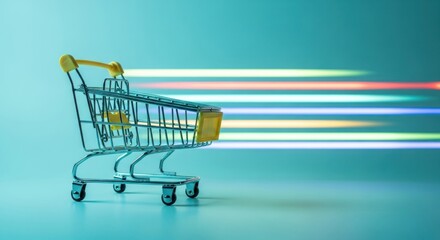 A miniature shopping cart against a blurred background of colorful horizontal light streaks