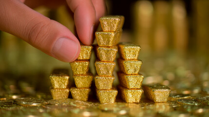 Gold bars and coins in the hands of a businessman, against a golden background with a pile of money.
