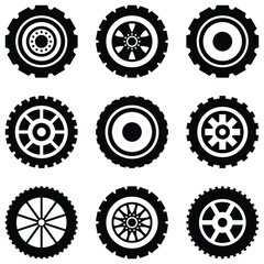 Car wheel icon set. Detailed black and white illustration of car wheel. Auto tire silhouette collection. Black rubber car tire tread tracks. Vector illustration.