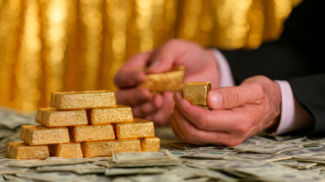 Gold bars and coins in the hands of a businessman, against a golden background with a pile of money.