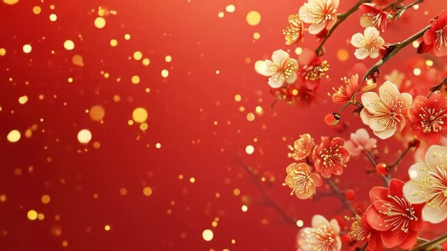 Red and Gold Blossom Background - A vibrant video featuring delicate red and gold blossoms on a branch, set against a rich red backdrop sprinkled with golden bokeh.