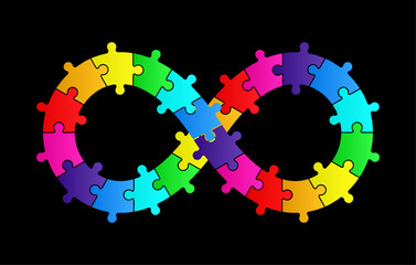 Infinity symbol colorful puzzle design. Vector isolated on a black background.	