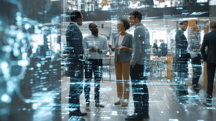 Multinational team having a discussion in office lobby, digital data overlays, diverse professionals and technology interface --ar 16:9