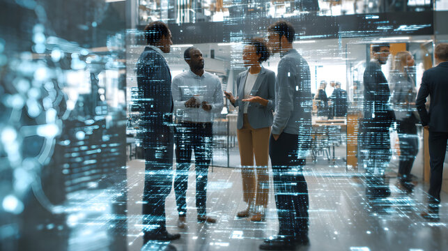 Multinational team having a discussion in office lobby, digital data overlays, diverse professionals and technology interface --ar 16:9