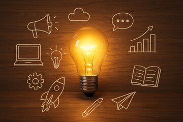 Vintage Light Bulb Surrounded by Creative Icons on Wooden Background