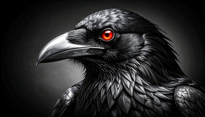 Monochrome raven with red eye