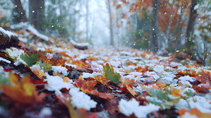 The quiet beauty of the first snowfall.	A peaceful landscape of a forest or park, where a light, first snowfall is gently blanketing the still-colorful autumn leaves on the ground.
