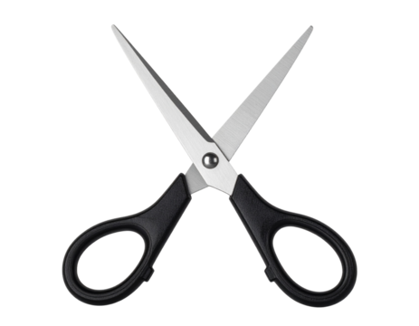 Realistic pair of black scissors with metallic blades, isolated on a transparent background