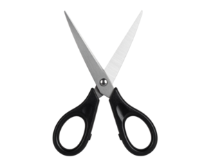 Realistic pair of black scissors with metallic blades, isolated on a transparent background