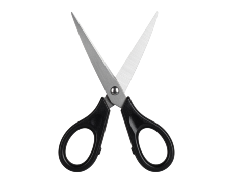 Realistic pair of black scissors with metallic blades, isolated on a transparent background