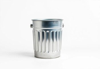 A galvanized steel trash can on a white background,  waste,  minimalist