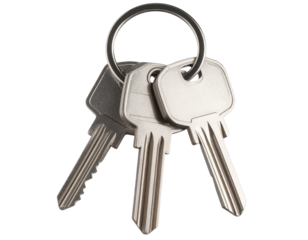 Ultra realistic keyring with multiple silver keys, isolated on a transparent background
