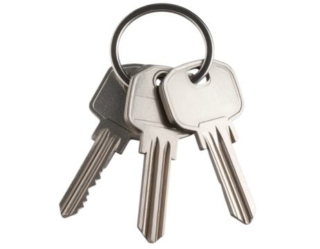 Ultra realistic keyring with multiple silver keys, isolated on a transparent background