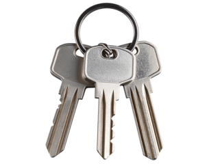 Ultra realistic keyring with multiple silver keys, isolated on a transparent background