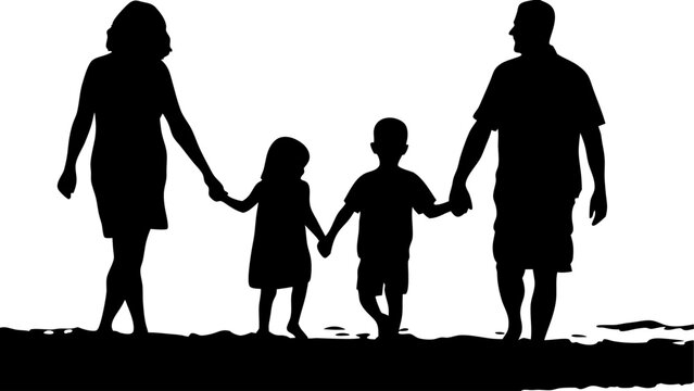 Silhouette of a family walking together holding hands on a beach with the ocean in the background image - Powered by Adobe