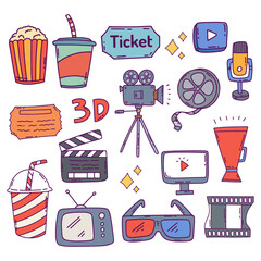 cinema doodle icons collection on white background