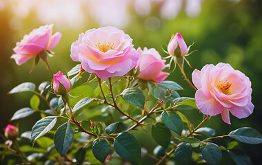 Art Beautiful wild pink rose flowers in Summer morning with copy space